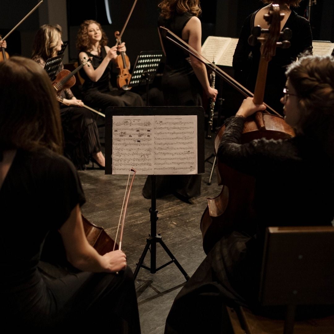 nearby photo of string section of orchestra